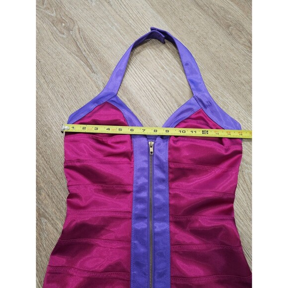MORGAN & CO Y2K 1990's Bright Pink Purple Satin Ruched Halter Neck Mini Dress XS - Picture 4 of 6
